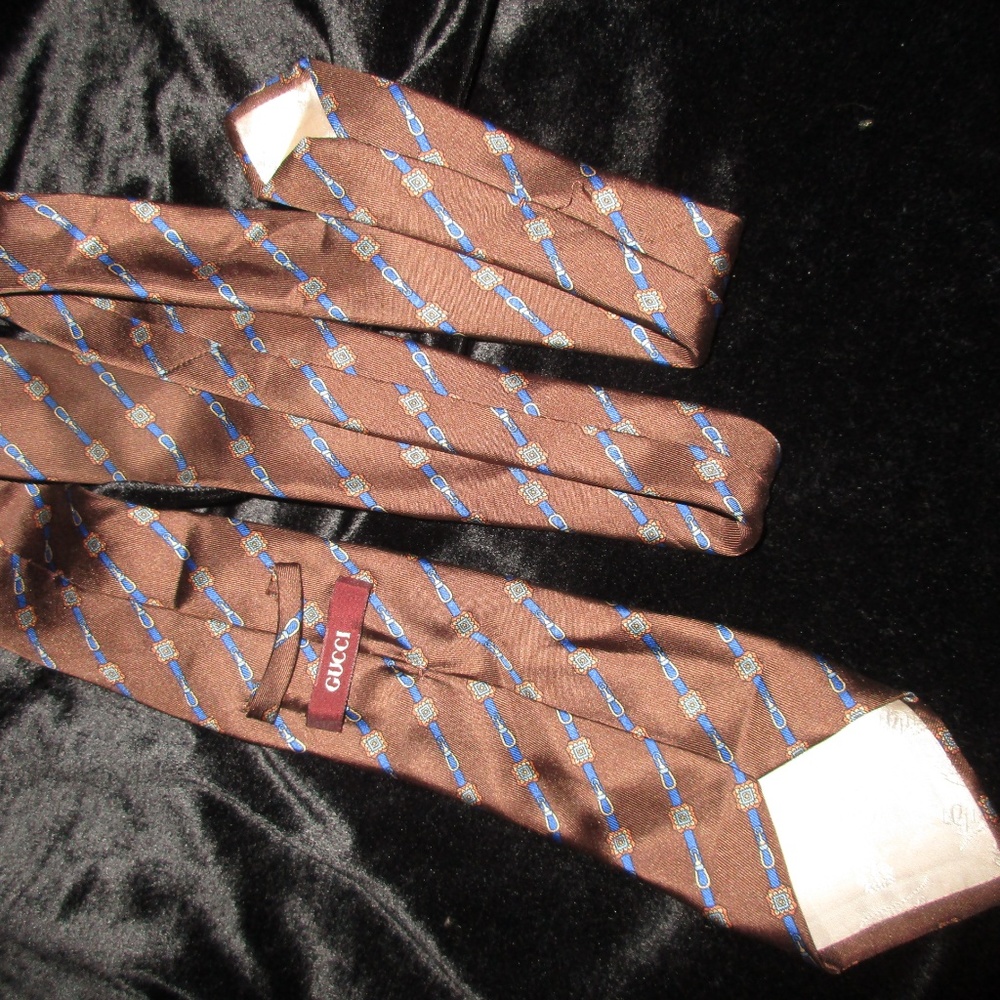 VTG GUCCI SILK SKINNY TIE BROWN BLUE BELTS DESIGN - Picture 5 of 8